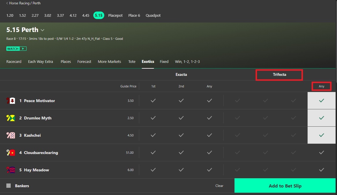 Bet365 5.15 perth racecard screen with 2 red rectangles highlighting the Trifecta heading and three horses selected in the any column